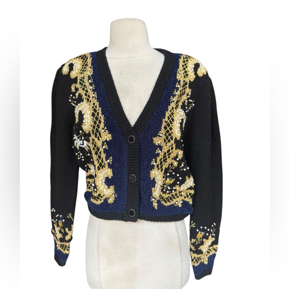 1990s Robin Sinkler 80% Wool Blue on Black Beaded w/Gold Embroidered Cardigan
